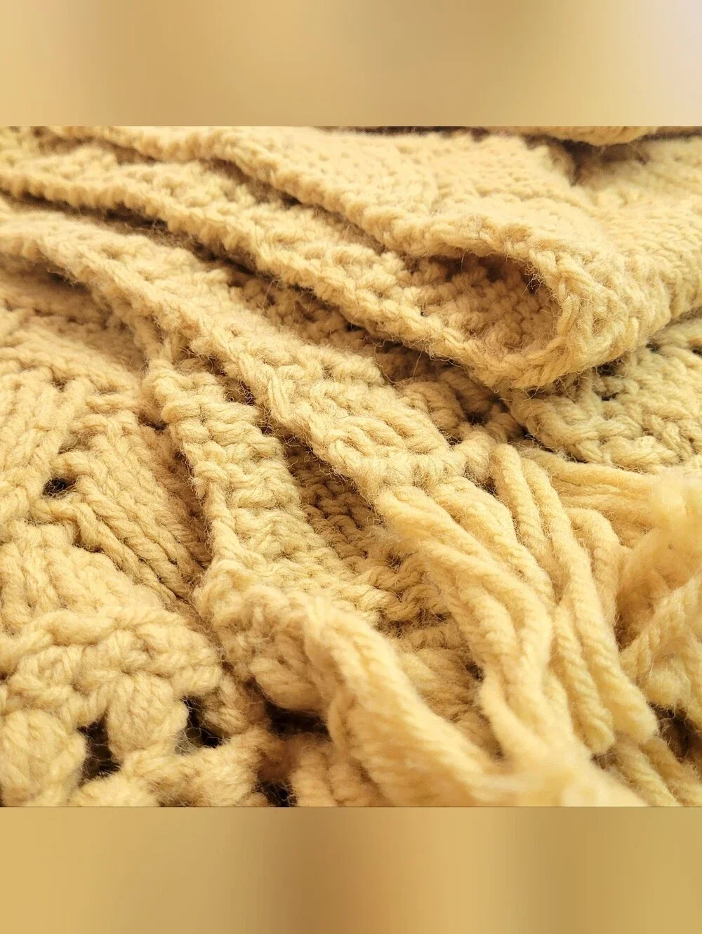 Vintage Yellow Knit Afghan Throw Blanket Fringe | Mid Century Old Shale Feather